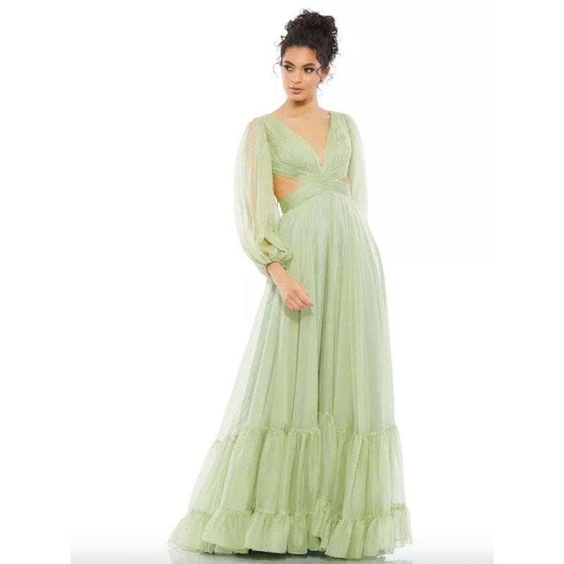 Mac Duggal Dress Size 2 Evening Gown Pleated Cut Out Long Sleeve Lace Up Tiered